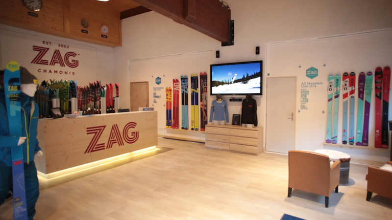 ZAG Skis Concept Store in Chamonix – A modern showroom featuring high-performance skis, alpine gear, and a sleek wooden interior.
